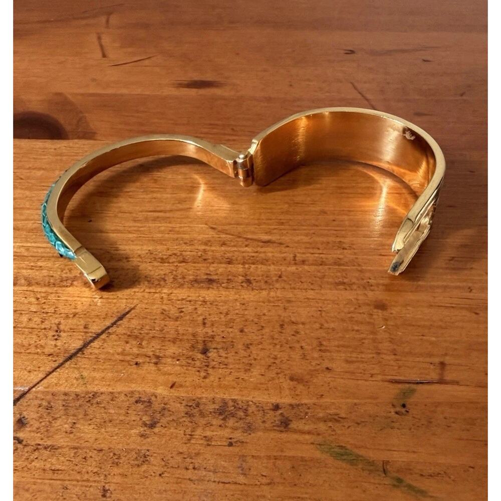 Gold Tone Hinged Cuff Bracelet with Turquoise Inlay Bohemian Statement Preowned - Picture 12 of 16